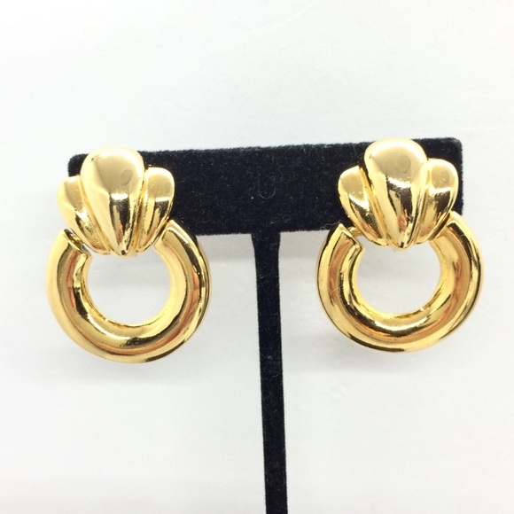 VINTAGE 80S DOOR KNOCKER CLIP ON HOOP EARRINGS GOLD TONE RUNWAY - Picture 2 of 12